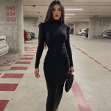 Fashion solid color slim fitting high collar long sleeve temperament dress