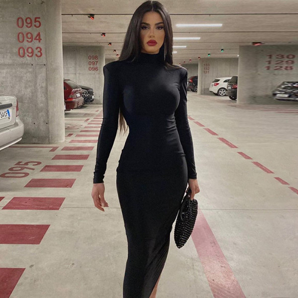 Fashion solid color slim fitting high collar long sleeve temperament dress