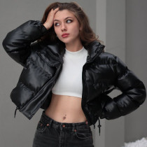 Long sleeve warm PU leather stand collar zipper women's cotton coat Long sleeve warm PU leather stand collar zipper women's cotton coat