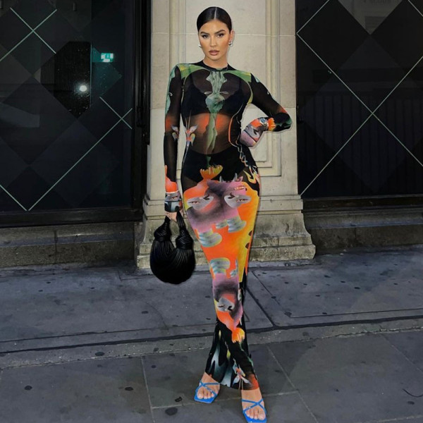 Fashion printed slim round neck long sleeve temperament long skirt