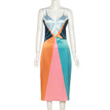 Sexy suspender printed contrast panel slim dress