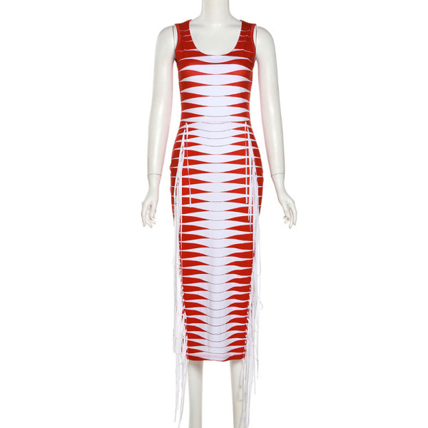 Sexy Sleeveless Print Fringe High Waist Slim Long Dress