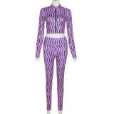 Printed Contrast Long Sleeve Top High Waist Slim Tight Pant Set