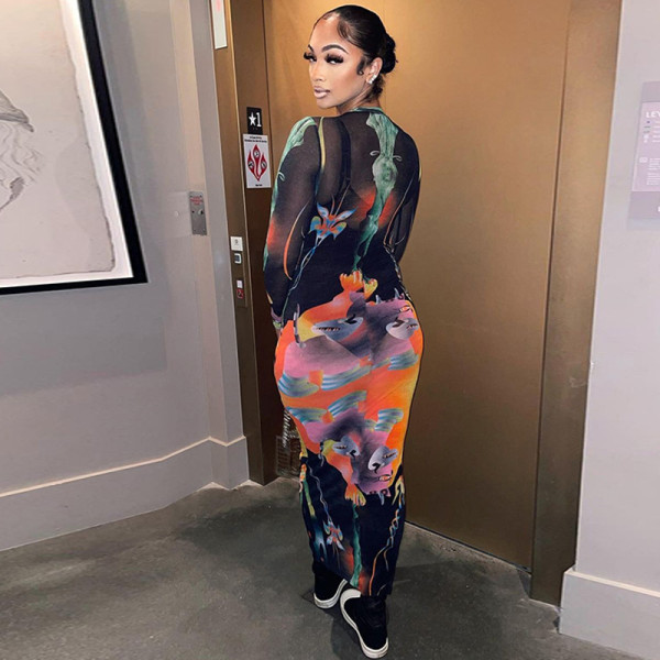 Fashion printed slim round neck long sleeve temperament long skirt