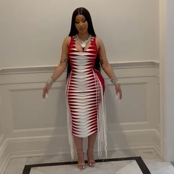 Sexy Sleeveless Print Fringe High Waist Slim Long Dress
