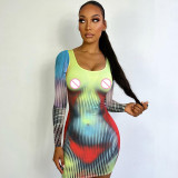 Fashion printed slim fitting U-neck long sleeve hip wrap dress