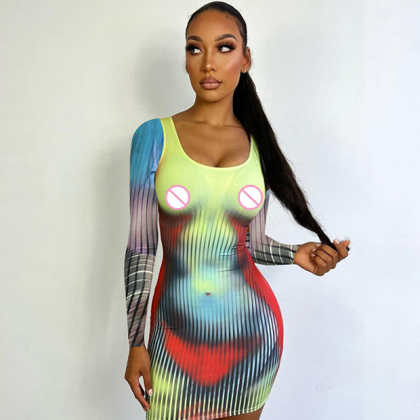 Fashion printed slim fitting U-neck long sleeve hip wrap dress