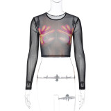 Fashion printed slim round neck long sleeve perspective mesh T-shirt top