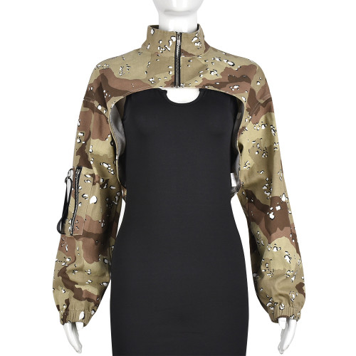 Autumn and winter camouflage pocket cardigan outdoor water washing long sleeved short coat
