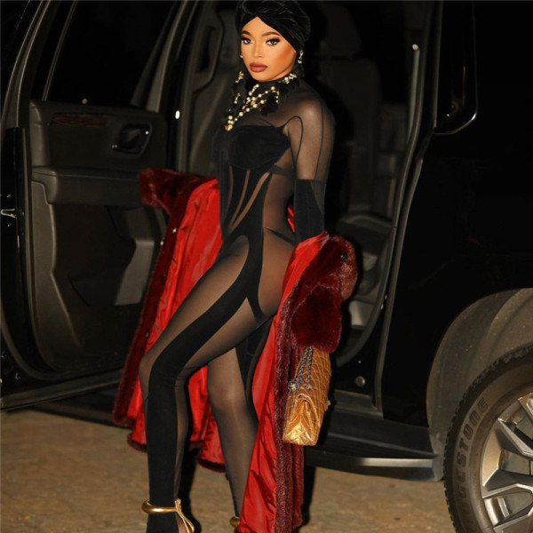Sexy mesh perspective color contrast splicing tight long sleeve one-piece pants