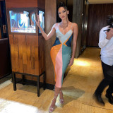 Sexy suspender printed contrast panel slim dress