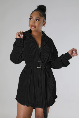 Fashion Pleated Long Sleeve Waist Shirt Belt Dress