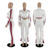 Women's striped button color blocking split pants two-piece sports suit
