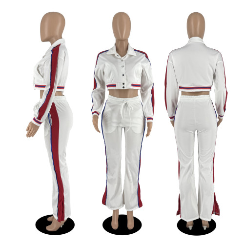 Women's striped button color blocking split pants two-piece sports suit