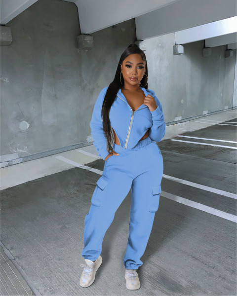 Women's autumn and winter irregular solid color zipper sweater pocket pants set