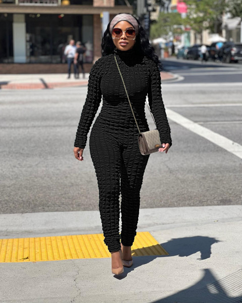 Autumn and winter new stretch bubble plaid stand collar slim fashion jumpsuit