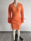 Women's V-neck flare sleeve pleated fashionable commuter dress