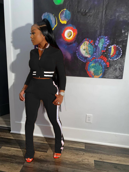 Women's solid color threaded collar sports casual two-piece suit