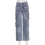 Workwear style multi pocket design straight jeans, low waist, worn out and slim casual pants