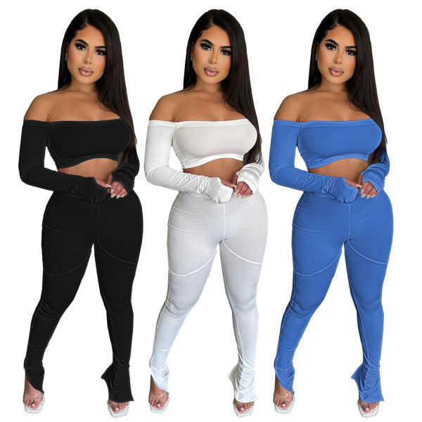 Short flat shoulder sexy high waist threaded two-piece set