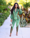 Autumn and winter velvet printed panel perspective lantern sleeve jumpsuit