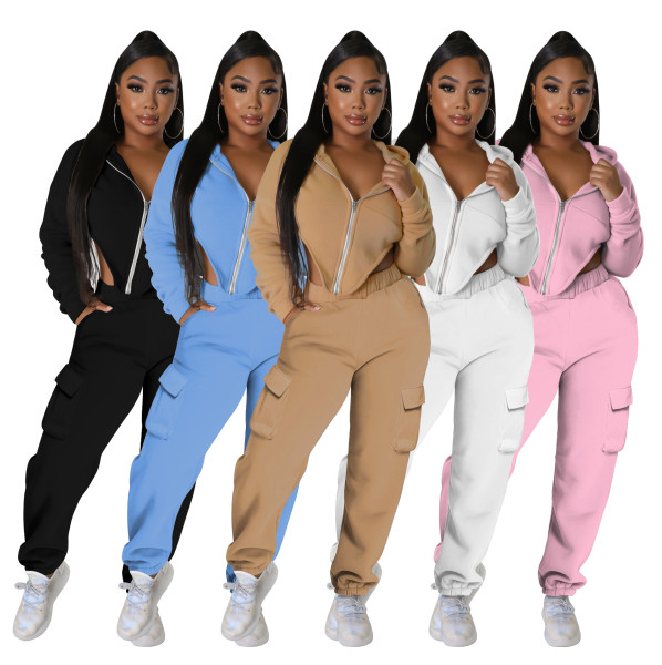 Women's autumn and winter irregular solid color zipper sweater pocket pants set