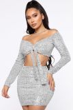 Autumn and Winter One Shoulder Long Sleeve Sequins Lace up Sexy Dress Party Two Piece Set