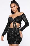 Autumn and Winter One Shoulder Long Sleeve Sequins Lace up Sexy Dress Party Two Piece Set