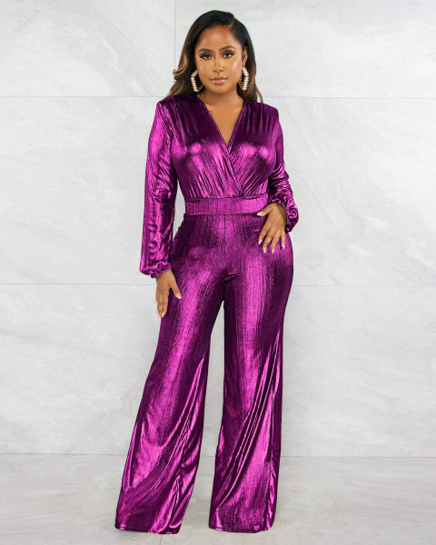 Autumn and winter V-neck sexy slim nightclub style long sleeve wide leg jumpsuit