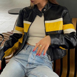 American street fashion color blocking zipper leather motorcycle style cool coat