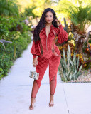 Autumn and winter velvet printed panel perspective lantern sleeve jumpsuit