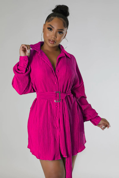 Fashion Pleated Long Sleeve Waist Shirt Belt Dress
