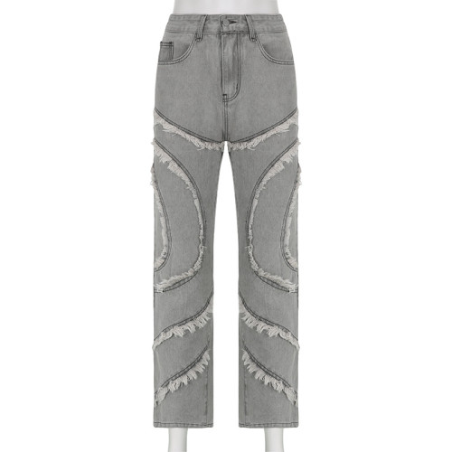 Trendy three-dimensional wool fringed fashion hip pants Spice Girls' high waist straight casual jeans