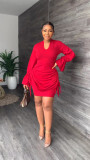Women's V-neck flare sleeve pleated fashionable commuter dress
