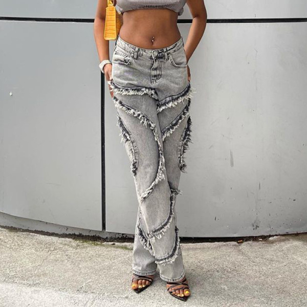 Trendy three-dimensional wool fringed fashion hip pants Spice Girls' high waist straight casual jeans