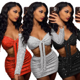 Autumn and Winter One Shoulder Long Sleeve Sequins Lace up Sexy Dress Party Two Piece Set