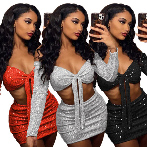 Autumn and Winter One Shoulder Long Sleeve Sequins Lace up Sexy Dress Party Two Piece Set