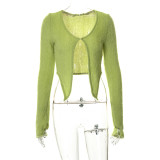 Solid casual open navel long sleeve cardigan slim wool T-shirt top