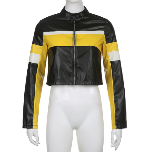 American street fashion color blocking zipper leather motorcycle style cool coat