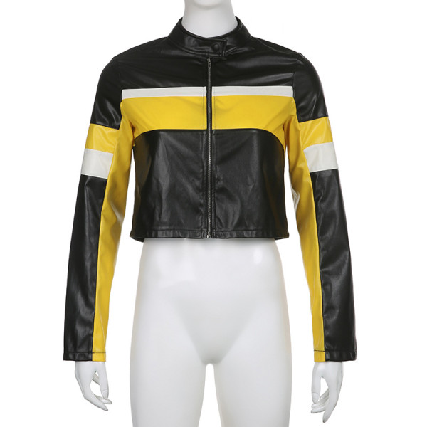 American street fashion color blocking zipper leather motorcycle style cool coat