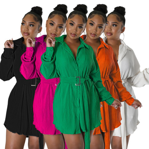 Fashion Pleated Long Sleeve Waist Shirt Belt Dress