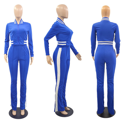 Women's solid color threaded collar sports casual two-piece suit