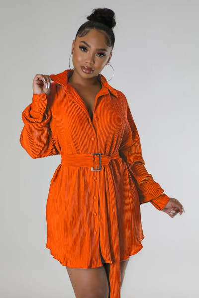 Fashion Pleated Long Sleeve Waist Shirt Belt Dress