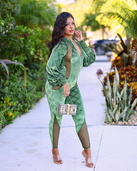Autumn and winter velvet printed panel perspective lantern sleeve jumpsuit