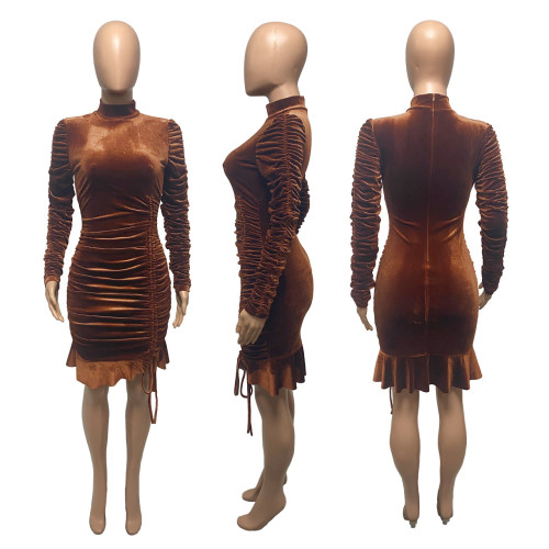Stand neck velvet ruffle sexy dress