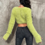 Solid casual open navel long sleeve cardigan slim wool T-shirt top