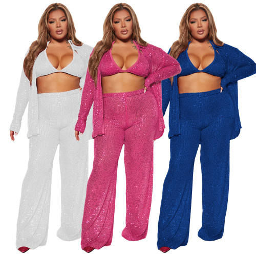 Sequin shirt straight trousers party three piece set