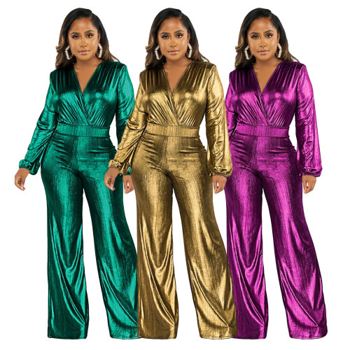 Autumn and winter V-neck sexy slim nightclub style long sleeve wide leg jumpsuit