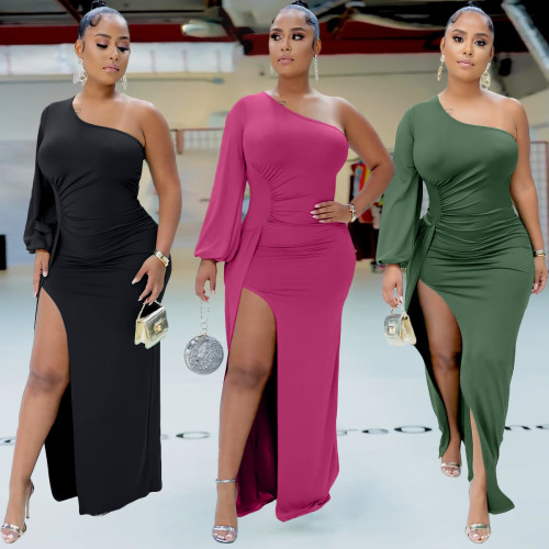 Women's sexy one shoulder sleeve irregular dress dress