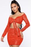 Autumn and Winter One Shoulder Long Sleeve Sequins Lace up Sexy Dress Party Two Piece Set
